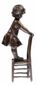 Bronze-Figur "Kleines Mädchen auf Stuhl stehend", Nachguß 20. Jh., bez. "Nick", braun patiniert,