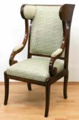 Biedermeier-Ohrenbackensessel, Mahagoni furniert, Fadenintarsien, Polsterung mit hellgrünem, floral