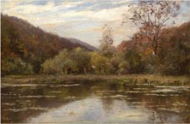 Koken, Gustav (1850 Hannover-1910 ebenda) "Harz-Landschaft am See", Öl/Lw. auf Spanplatte