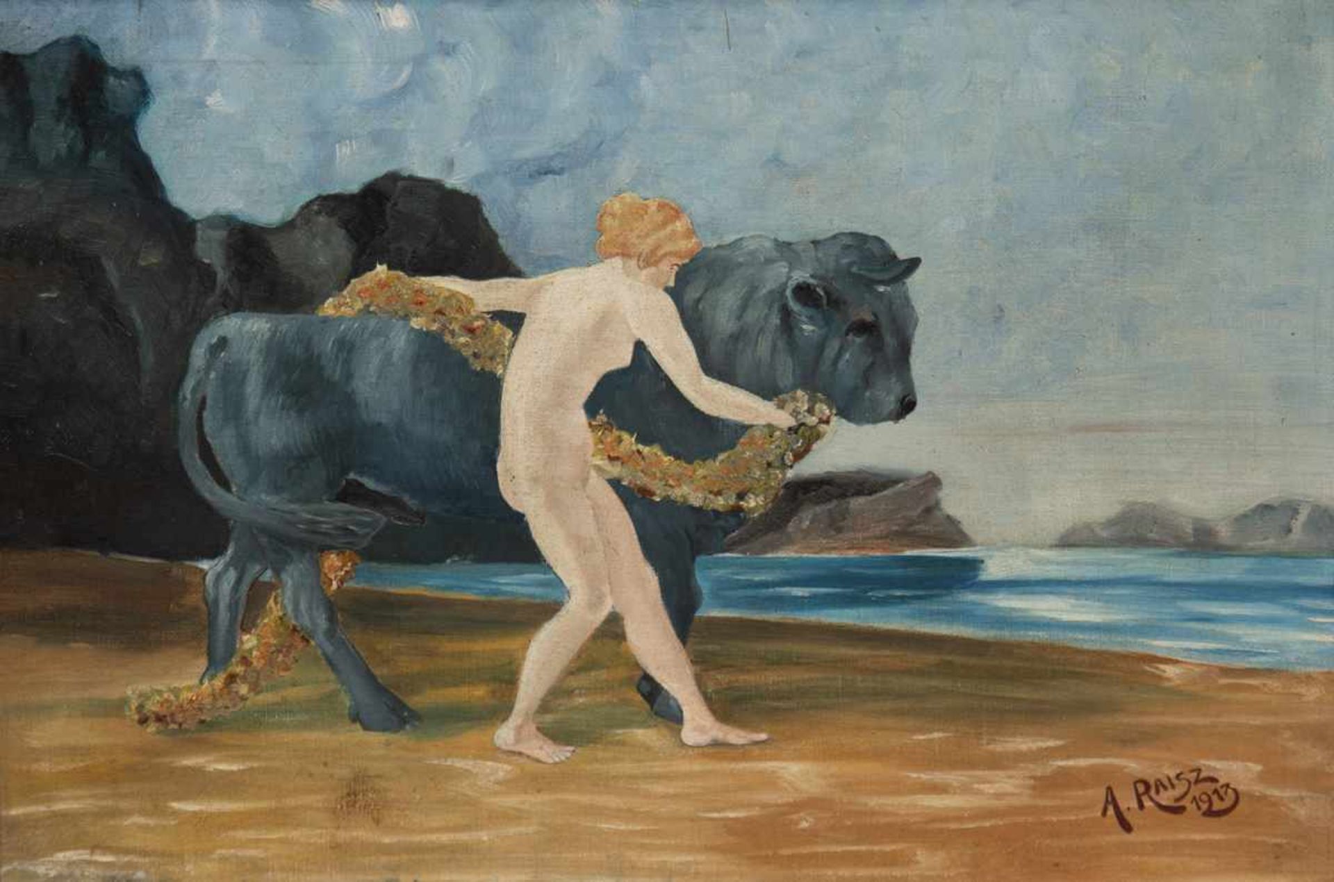 Raisz, A. "Europa mit dem Stier", Öl/Lw., sign. u.r. und dat. 1913, 32x46 cm, Rahmen