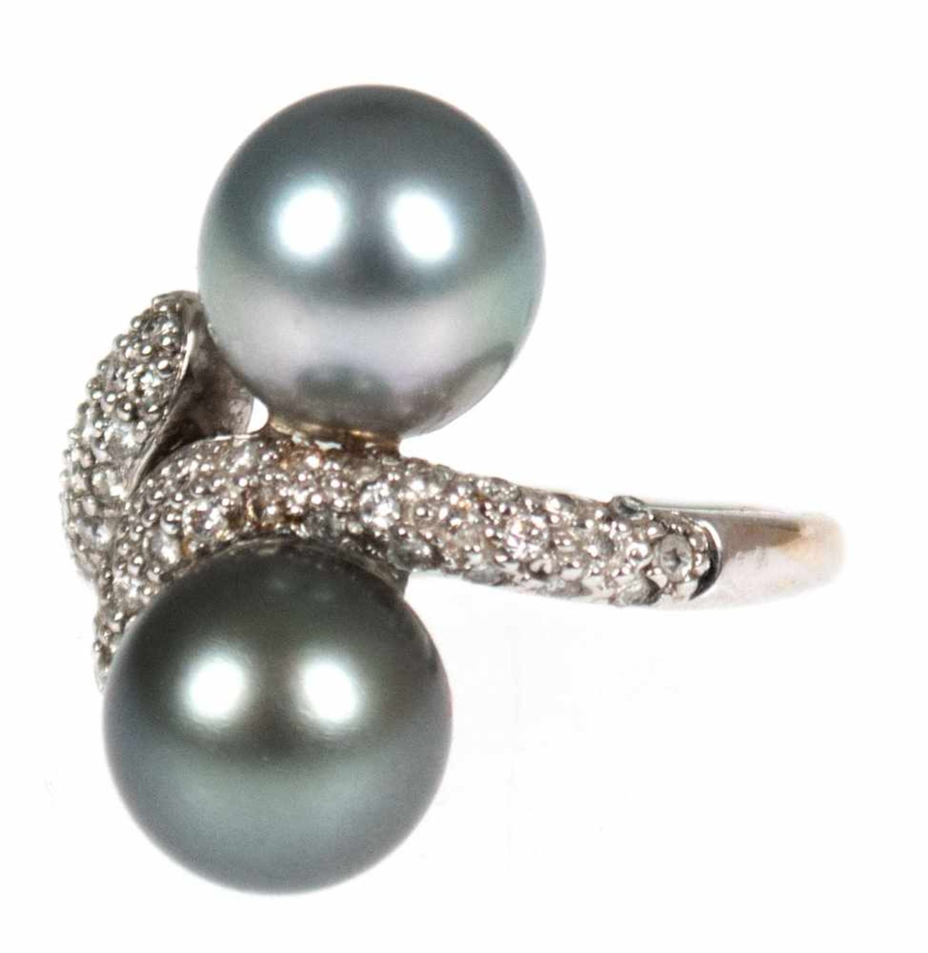 Ring , 750er WG, 2 verschiedenfarbene, graue Tahitiperlen ca. 9,5 mm, Durchmesser, Brillanten ca.