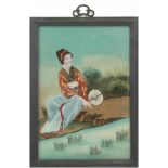 Hinterglasmalerei "Geisha am Bach", um 1900, 50x35 cm, Rahmen