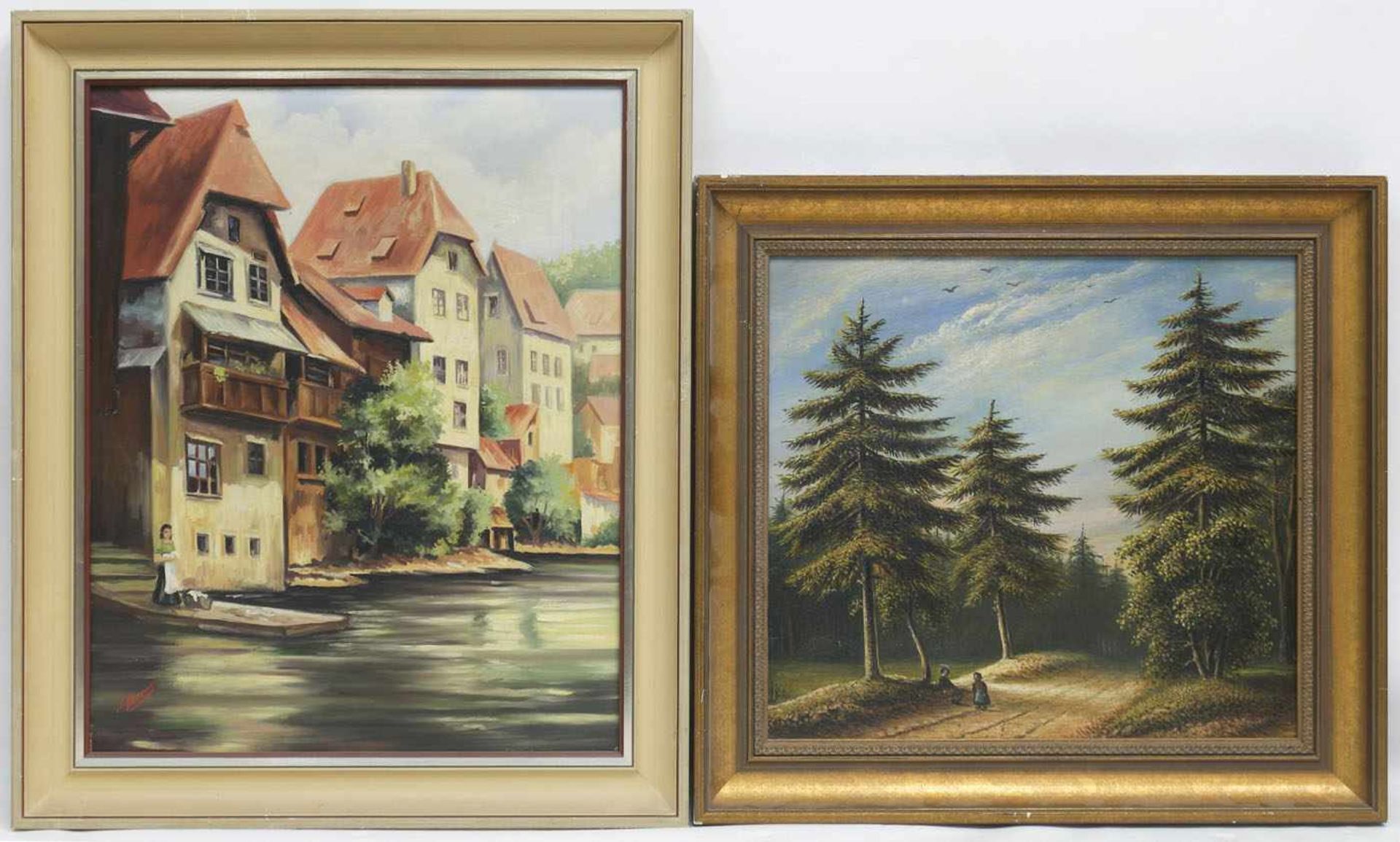 2 Gemälde "Tannenwald mit Personenstaffage", Öl/Holz., unsign., 37x39 cm, Rahmen und Retamer, T. "