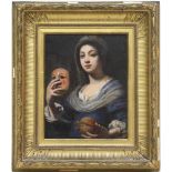 Nach Lorenzo Lippi (1604-1666) "Frau mit Maske", Öl/Lw., unsign., 1 kl. Hinterlegung, rückseitig