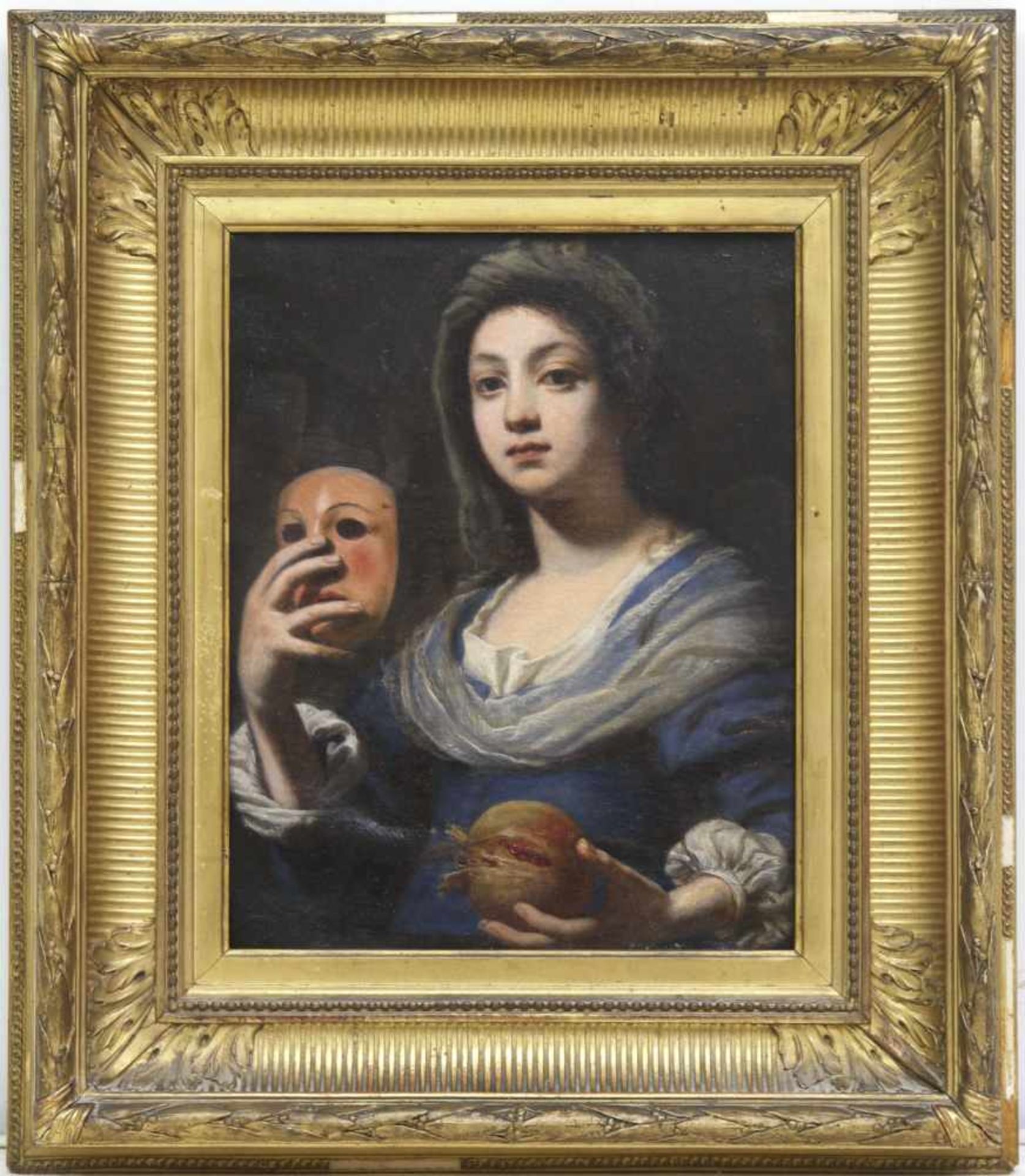 Nach Lorenzo Lippi (1604-1666) "Frau mit Maske", Öl/Lw., unsign., 1 kl. Hinterlegung, rückseitig