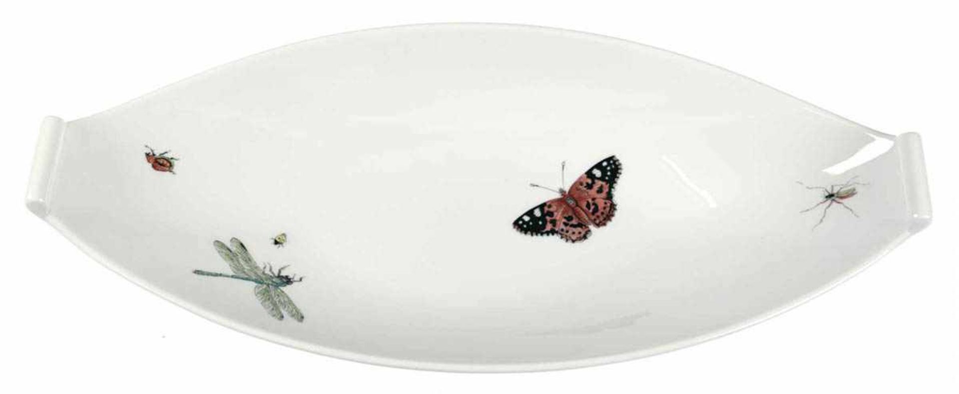 Meissen-Schale, Schiffchenform, mit Insektenmalerei, Sonderanfertigung, 1. Wahl, L. 36 cm Meissen-