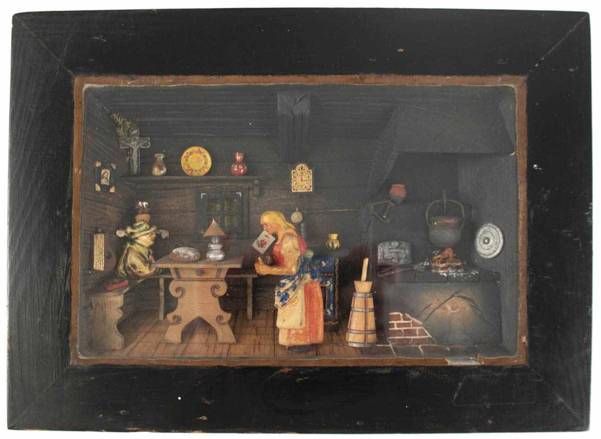 Diorama "In der bäuerlichen Küche", um 1900, diverse Materialien farbig bemalt, hinter Glas im