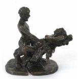 Erotische Bronze-Figurengruppe "Satyr mit Traubenzweig beim Liebesspiel", Bronze, Nachguß