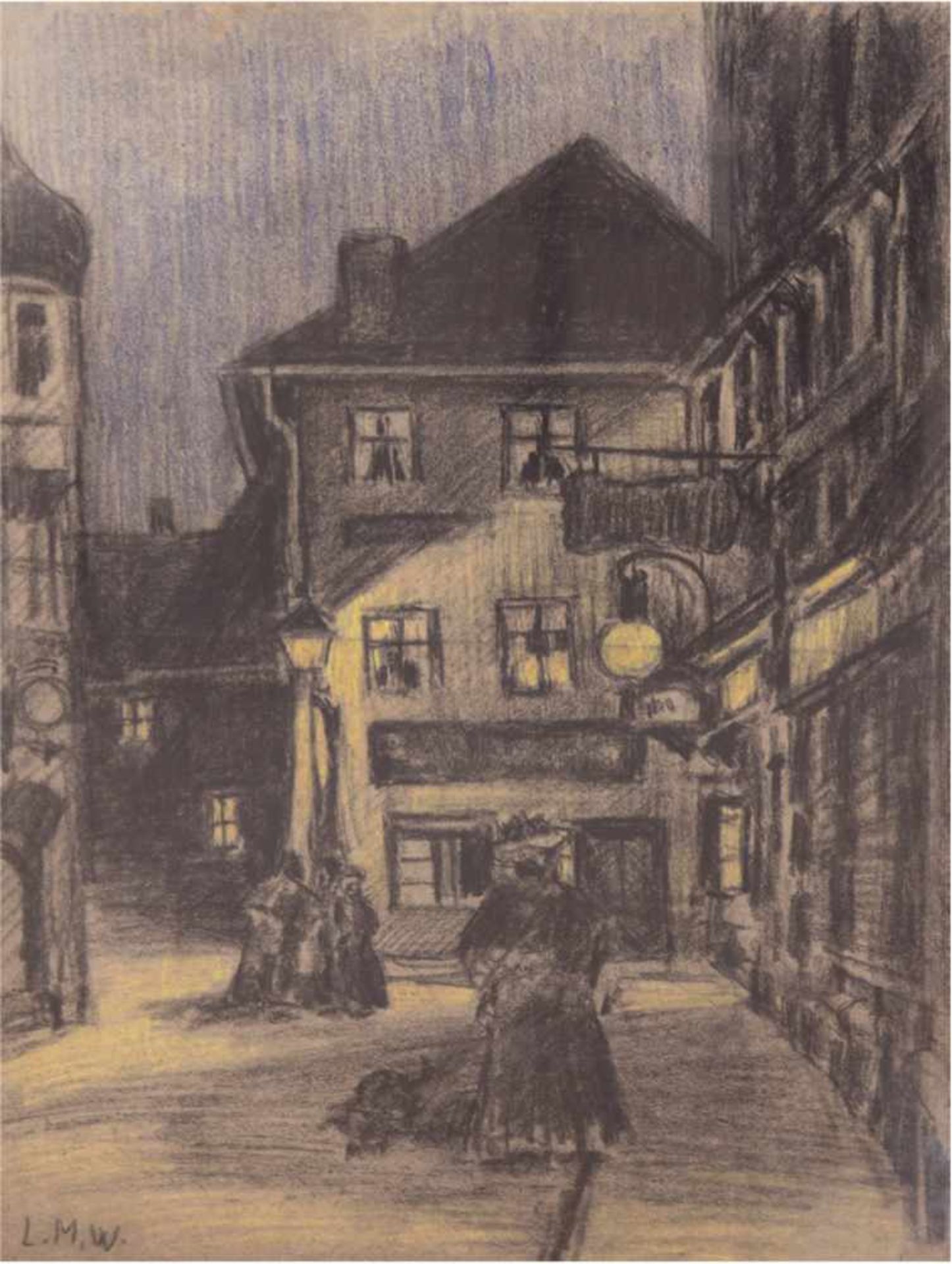 Wagner, Louise M. (1875-1950) "Abendliche Straßenszene", Mischtechnik, monogr. u.l., 43x29