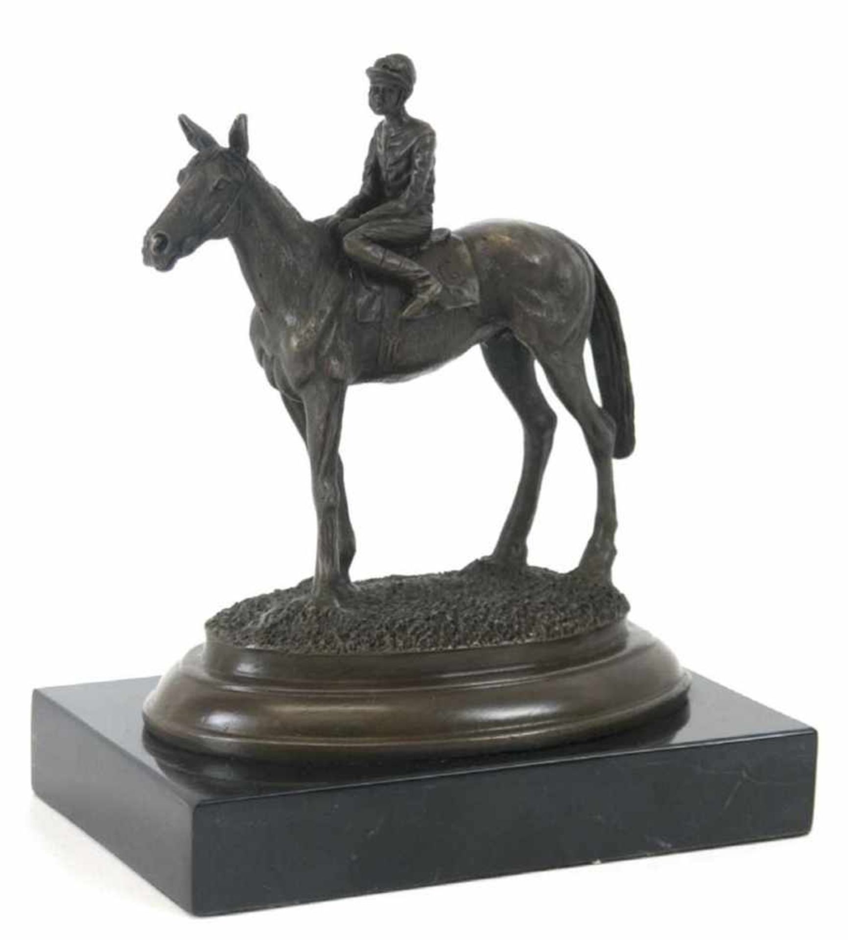 Bronze-Figurengruppe "Jockey auf Pferd sitzend", Nachguß 20. Jh., signiert "Milo" (Miguel