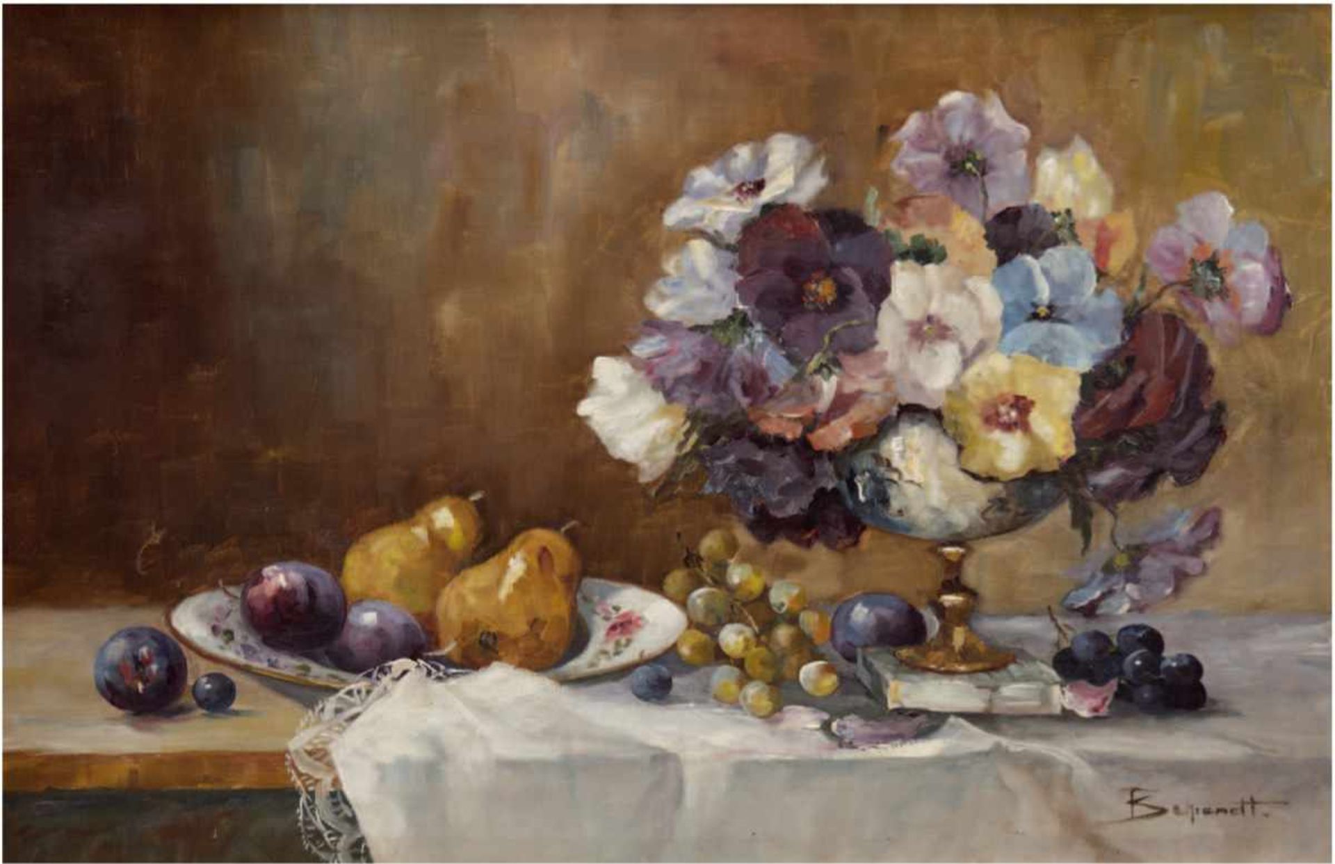 Behrendt (1. Hälfte 20. Jh.) "Stilleben mit Obst und Blumenschale, Öl/Lw., signiert u.r.,