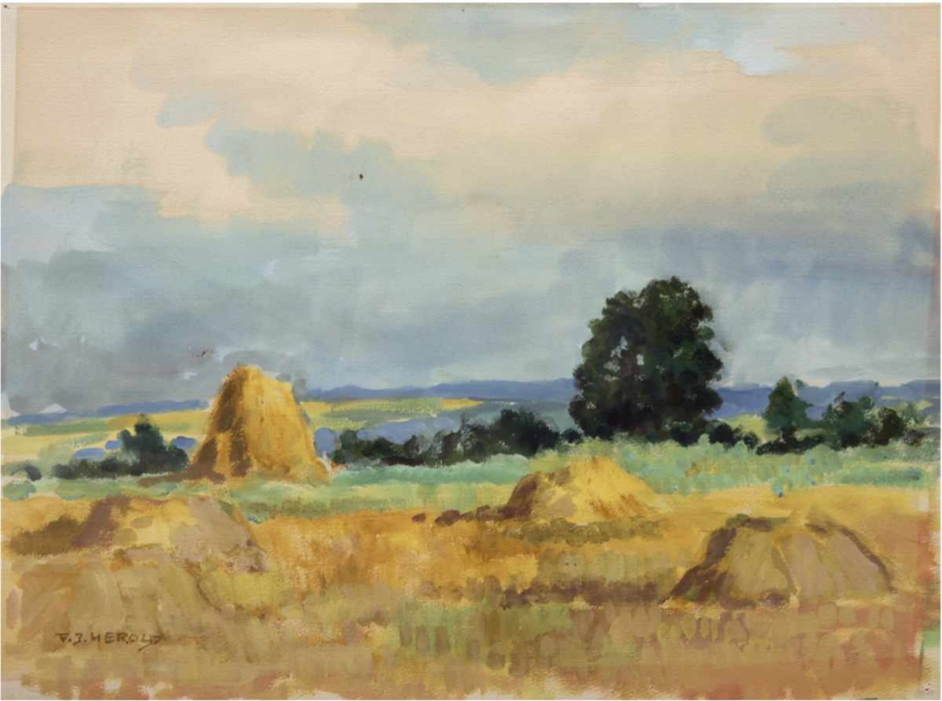 Herold, Franz-Josef (1904-1986) "Sommerlandschaft mit Hocken", Mischtechnik, sign. u.l.,