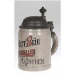 Bierkrug, um 1900, Keramik, Pschorr-Bräu Bierhallen München, graue Salzglasur, Zinndeckel,