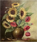 Elzer, T. (Maler des 20. Jh.) "Stilleben mit Sonnenblumen und Klatschmohnin Vase", Öl/Lw.,