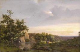 Umkreis Holländische Schule- Koekkoek-Familie "Romantische Landschaft mit Wandersleuten",