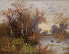 Bachmann, Minna (act. 1860-1887)"Herbstlandschaft mit Wildenten am See", Öl/Lw., sign.