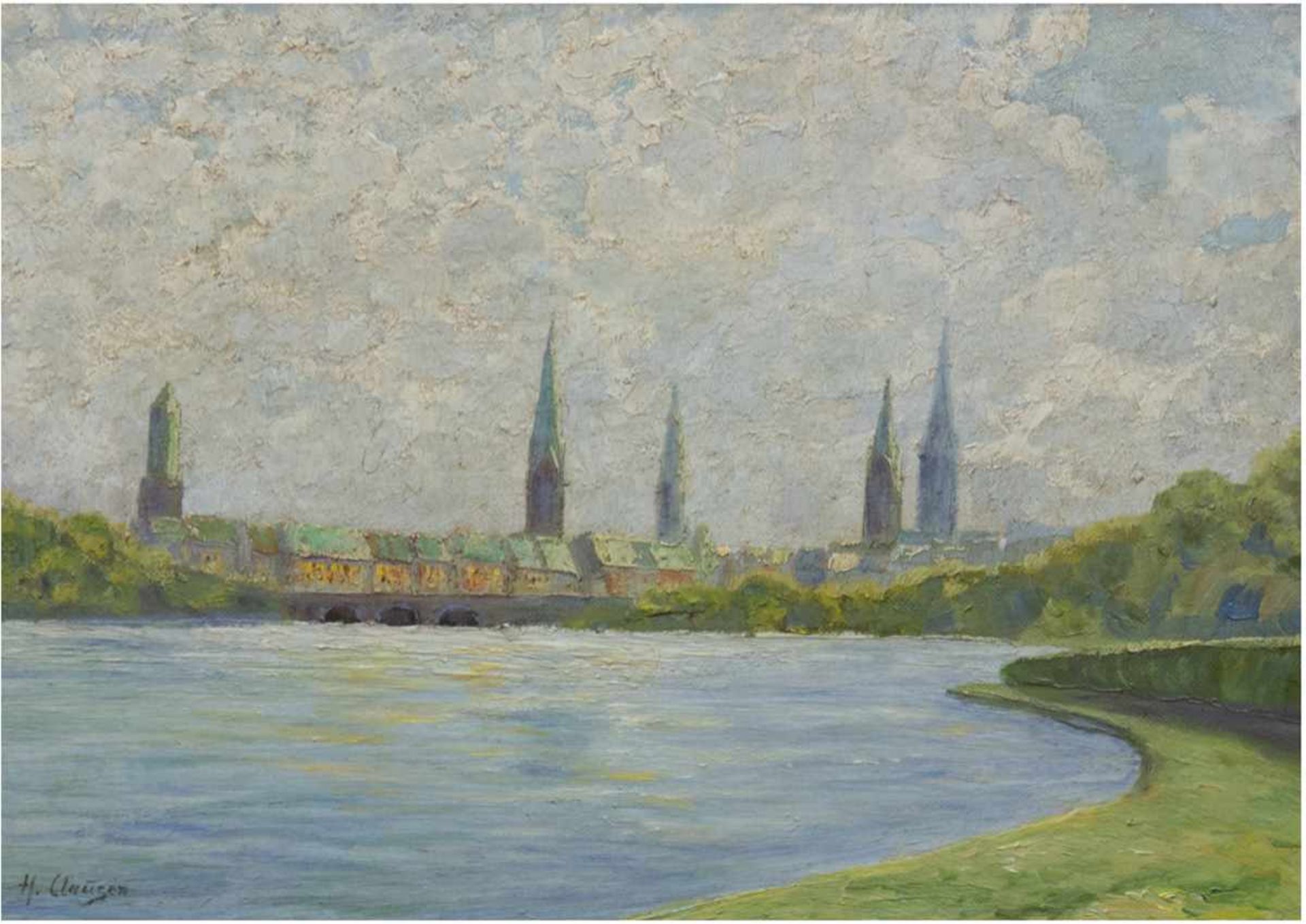 Clausen, H. (20. Jh.) "Hamburg von der Alster gesehen", Öl/Lw., sign. u.l., 30x40 cm,