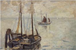 Schodde, Wilhelm (1883 Altona/Hamburg-1951 Lübeck) "Travemündung mit Segelbooten", Öl/Mp.,