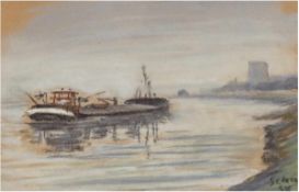 Schorn (Theobald) Marinemaler um 1950 "Lastkahn auf der Elbe", Pastell, sign. u. dat. '56