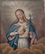 Sakral-Bild "Mutter Gottes mit Lilie und flammendem Herz", Öl/Lw., unsign., Farbkratzer