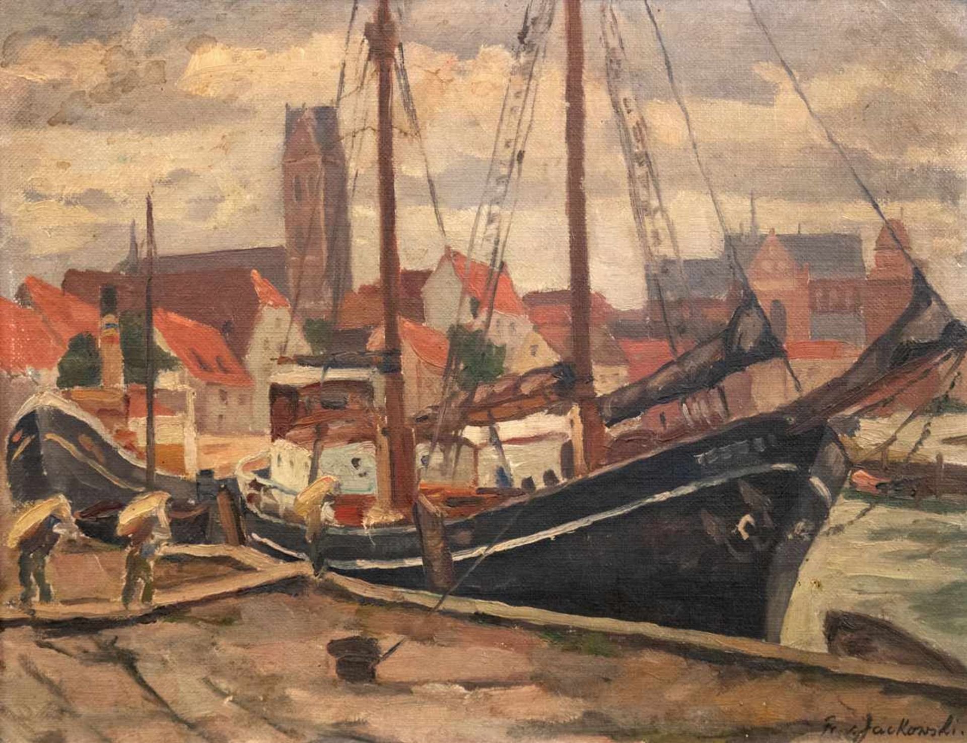 Jackowski, Frantz von (1885-1975) "Hafen von Wismar", Öl/Karton, sign. u.r., 26,5x34,5 cm