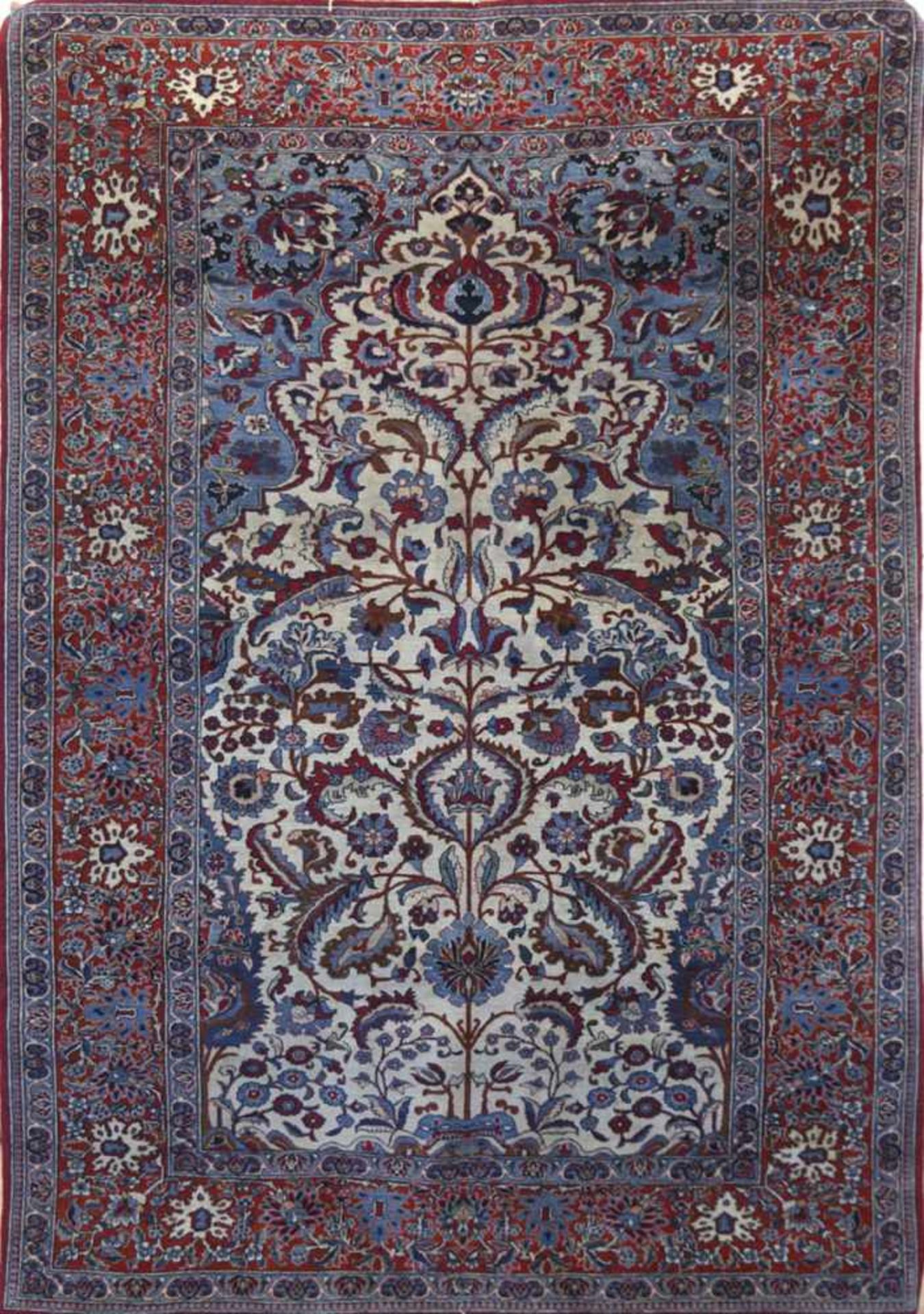 Teppich, rot- /blaugrundig, mit zentralem Floralmotiv, Kanten sowie mittig stellenweise