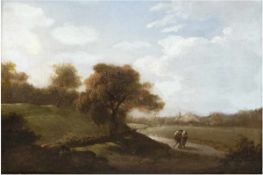 Altmeister in der Art Jan van Goyen "Landschaft mit Personen", Öl/Holz, unsign.,