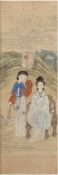 Chinesische Seidenmalerei "Darstellung zweier Damen in Landschaft", mit Schriftzeichen