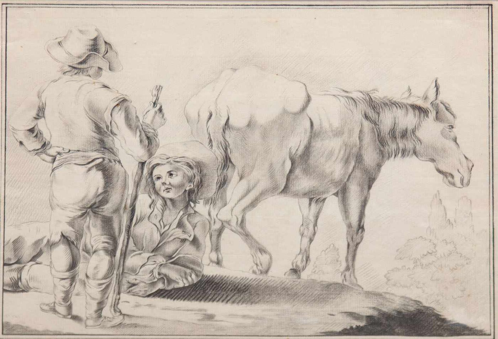 Süddeutscher Maler um 1750 "Bauern am Feldrand", Zeichnung, unsign., 24x30 cm, hinter Glas - Image 2 of 2