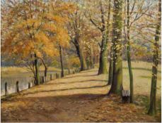 Barth, Ferdinand (1902-1979) "Herbstlandschaft mit Weg am Seeufer", Öl/Lw., sign. u.l. und