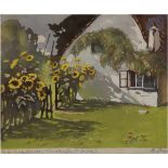 Popp, Barbara (1890-?) "Vorgarten mit Sonnenblumen", Farbholzschnitt, sign. u.r., 23x25