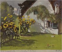 Popp, Barbara (1890-?) "Vorgarten mit Sonnenblumen", Farbholzschnitt, sign. u.r., 23x25