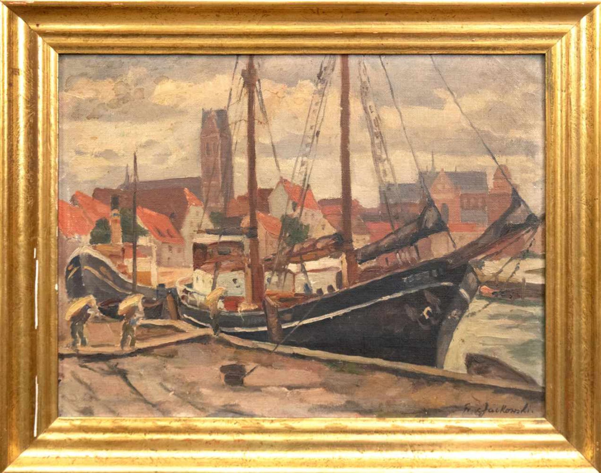 Jackowski, Frantz von (1885-1975) "Hafen von Wismar", Öl/Karton, sign. u.r., 26,5x34,5 cm - Bild 2 aus 3