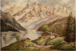 Maler 1. Hälfte 20. Jh. "Alpine Landschaft mit Holzhütten am Seeufer", Öl/Lw., unleserl.