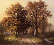 Maler des 20. Jh. "Weg durch einen Herbstwald", Öl/Lw., unleserl. signiert u.l., 69x79 cm,