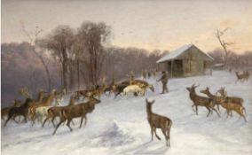 Richter, Wilhelm (1824-1892) "Winterliche Wildfütterung - Wildgehege mit Förster beim