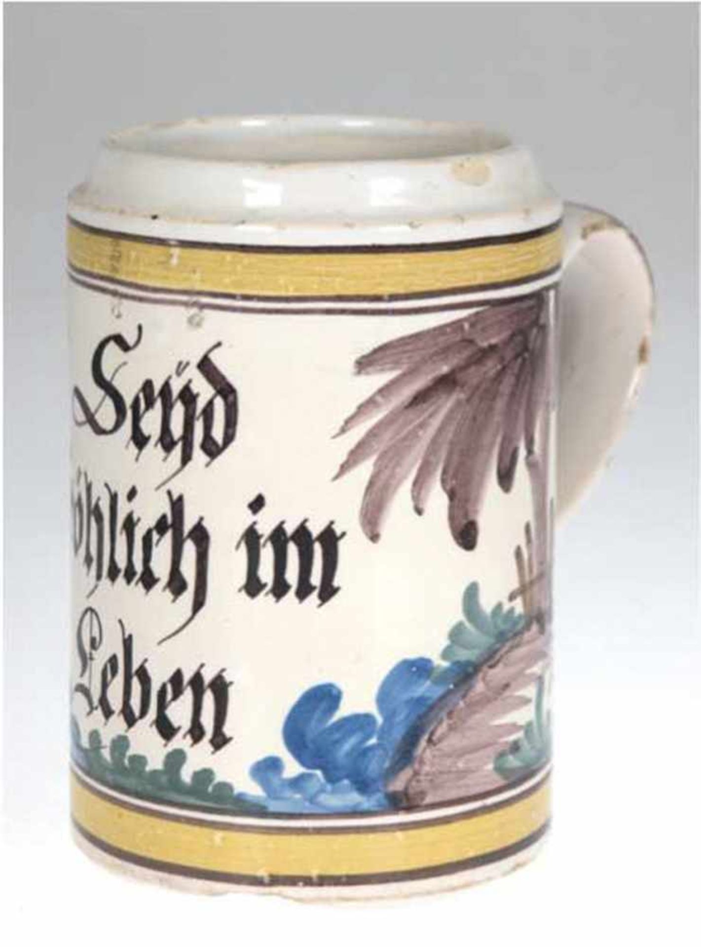 Fayence-Krug, Hannoversch Münden, um 1800, bemalt mit bunten Scharfeuerfarben und