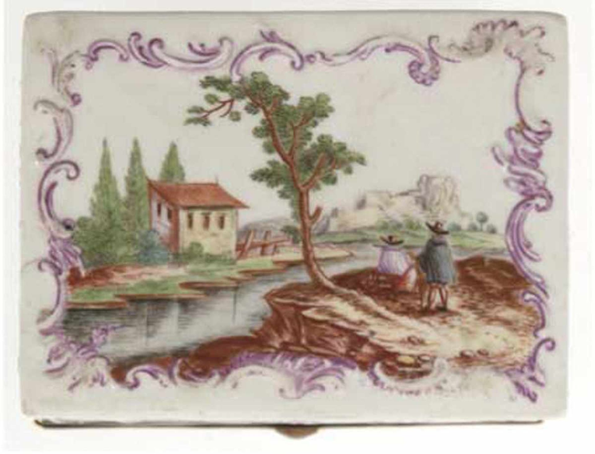 Deckeldose, 18. Jh., Porzellan, polychrome Malerei, umlaufende Landschaftsdarstellung mit - Image 4 of 5