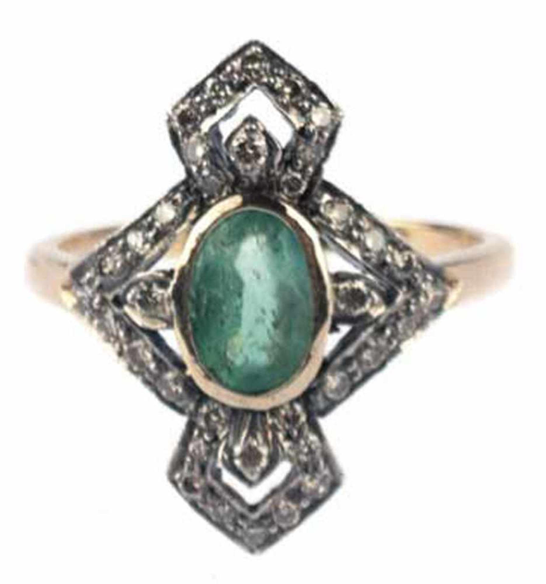 Ring im Art-Deco-Stil, 750er GG/WG, Gew. ca. 3,2 g, Smaragd 0,83 ct., Brillanten 0,31 ct.,