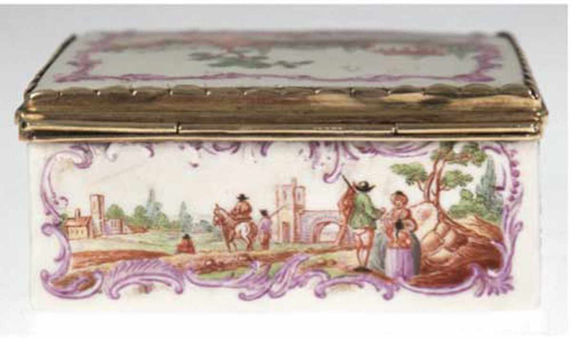 Deckeldose, 18. Jh., Porzellan, polychrome Malerei, umlaufende Landschaftsdarstellung mit - Image 2 of 5