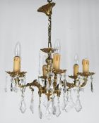 Deckenlampe, Messing mit Akanthusverzierungen, reicher Prismenbehang, 6-flammig, H. ca. 37cm,