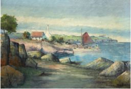 "Küstenlandschaft mit Fischerboot", Öl/Lw., undeutl. sign. u.r., 70x96 cm, Rahmen