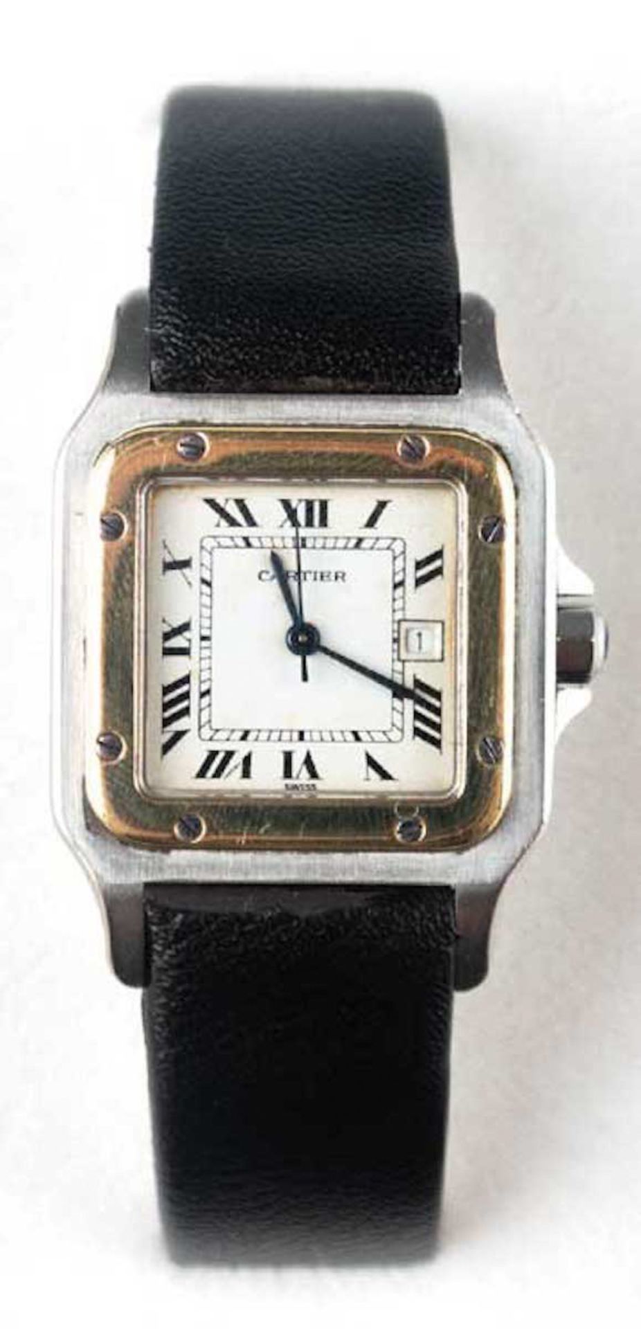 Armbanduhr "Cartier Santos", Automatic, Edelstahlgehäuse mit 750er Goldlünette,silberfarben