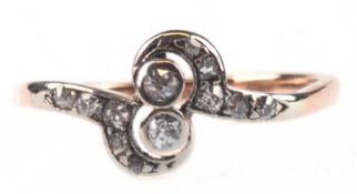 Jugendstil-Ring, RG/WG, besetzt mit Diamantrosen, RG 53,5