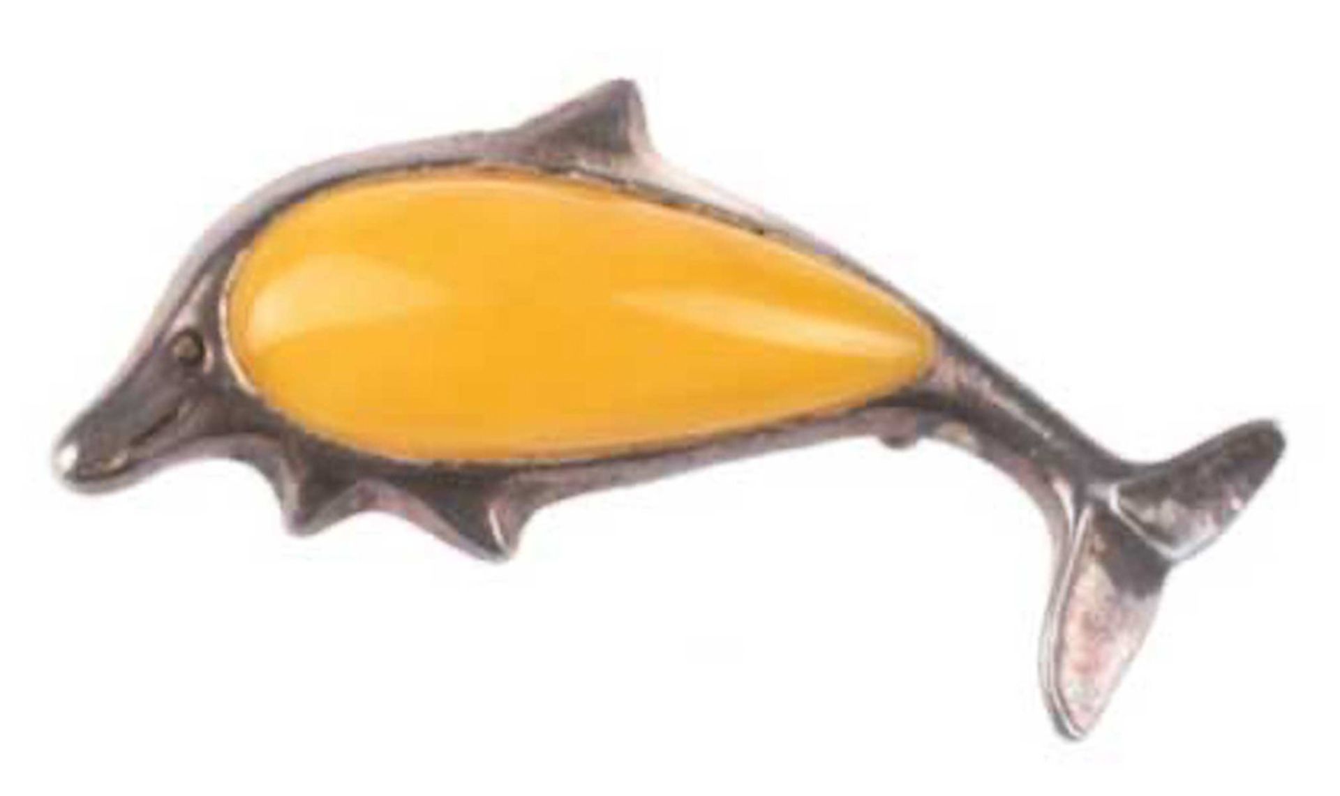 Bernstein-Brosche in Form eines Delfins, 925er Silber, L. 4,2 cm