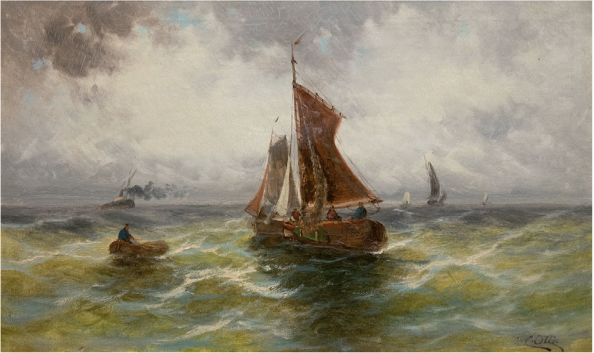 Otte, C. (Marinemaler um 1900) "Fischerboote auf bewegter See", Öl/Lw., sign. u.r.,37x57,5 c