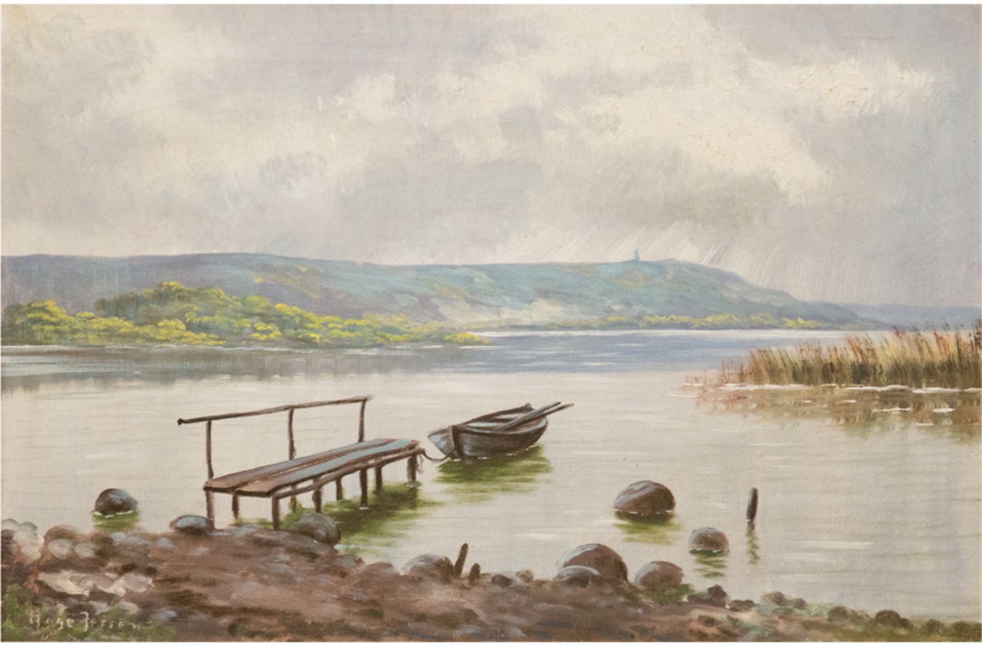 Dänischer Maler "Seenlandschaft mit Ruderboot am Steg", Öl/Lw., undeutl. sign. u.l., 45x65c