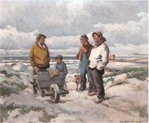 Maler 1. H. 20.Jh. "Fischer am Strand", Öl/Lw., undeutl. sign. u.r., 60x69 cm, Rahmen