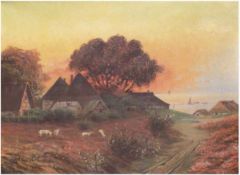 Bessiere, R. (um 1900) "Bauerngehöfte an der Küste im Abendrot", Öl/Lw., signiert u.l.,rü