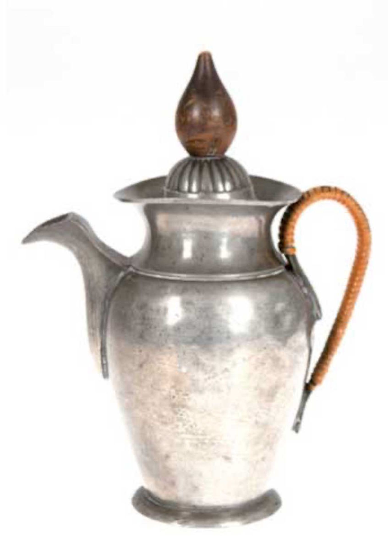 Bergisches Kaffeekännchen, um 1820, Zinn, punziert, Bandhenkel mit Bastwicklung, etwasgedell